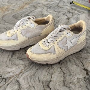 Golden Goose Distressed Running Cream and White Sneakers size 7